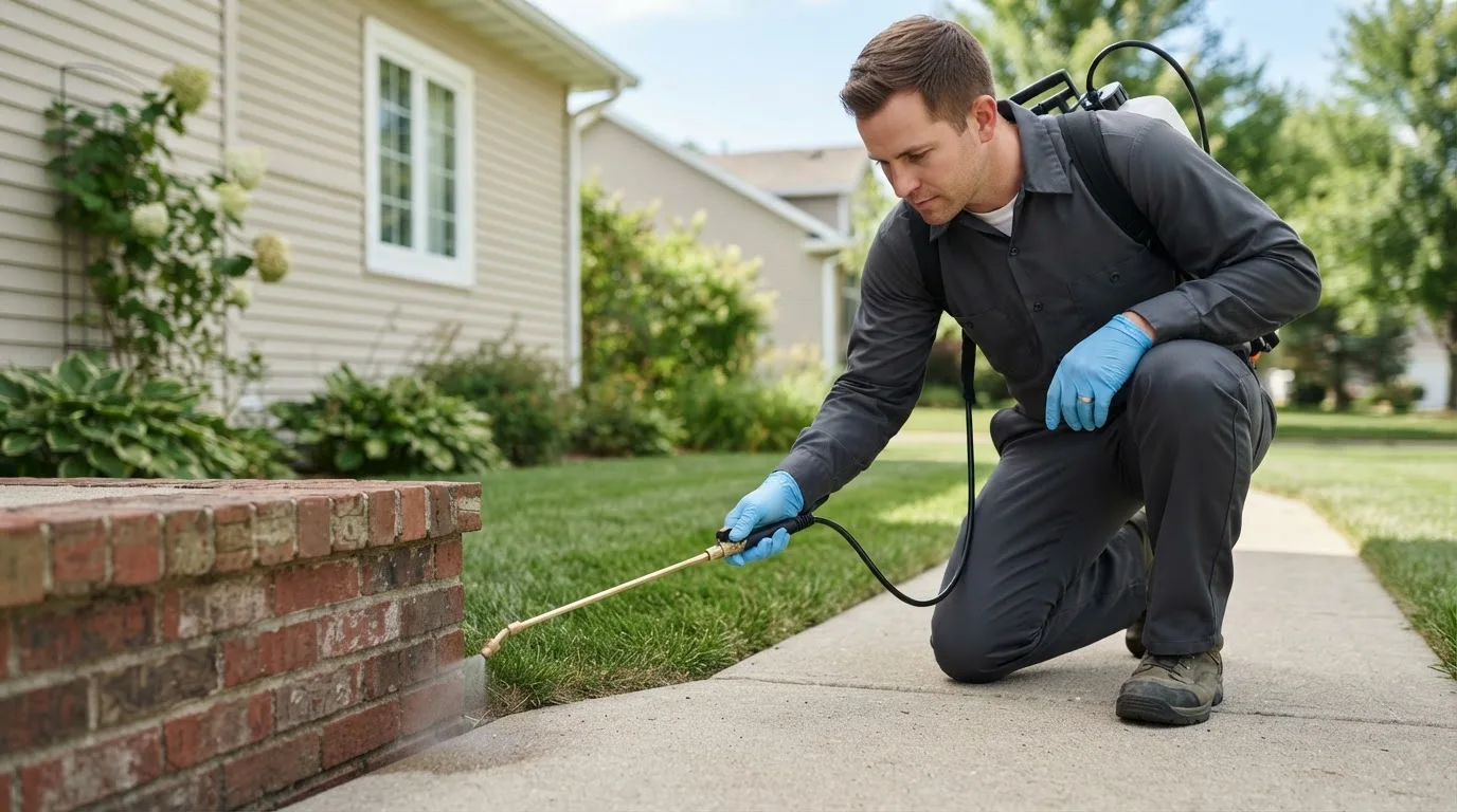 Pest control technician treating a home near Ethridge, MT